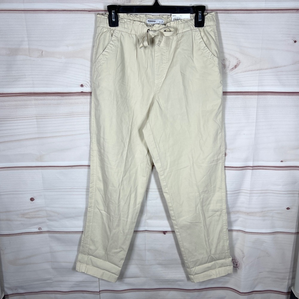 Sonoma Capri Pants Womens Small Beige Easy Paper Bag Tapered Cotton Stretch
